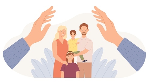 Family protection. Hands protect parents and children. Father, mother, daughter and son safe. Family health care and support vector concept. Kids and wife with husband hugging together