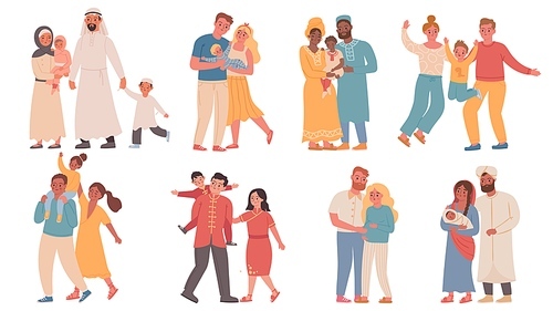 Families of different nationalities. Parents and children wearing traditional clothes. Arabic, african, indian and chinese family vector set. Illustration people family traditional with kids