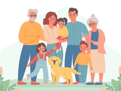 Big family. Happy parents, children, grandma and grandpa. Smiling dad, mom, kids and dog. Three generation standing together vector portrait. Illustration family grandma and grandpa, girl and boy