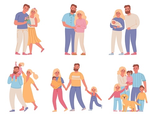 Family stages. Love couple relationship, marriage, pregnant woman, parents and newborn baby, mom, dad and kid. Family development vector set. Illustration parent mother father, marriage together