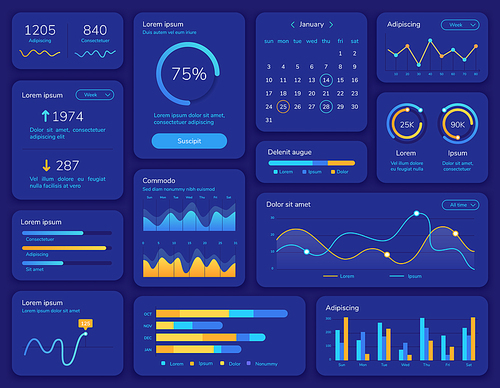 Hud interface. Futuristic ui screen with data display, statistic graphs, menu and calendar. Dashboard info panel and element vector template. Presentation structure chart report menu illustration