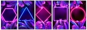 Tropical neon frames. Bright glowing leaves, cyber floral frame and leafs in neon lights vector background set. Neon frame tropical, palm leaf poster illustration