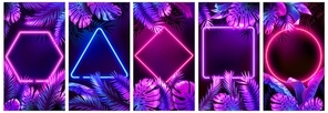 Tropical neon frames. Bright glowing leaves, cyber floral frame and leafs in neon lights vector background set. Neon frame tropical, palm leaf poster illustration
