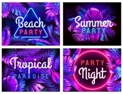Neon beach party poster. Tropical paradise, summer partying night and bright neon color leaves vector illustration set. Tropical party beach, neon frame placard