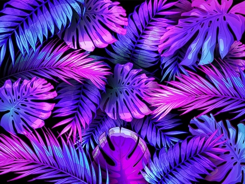 Neon color tropical leaves. Trendy colorful palm tree leaf, jungle background and purple exotic plants leaves vector wallpaper illustration. Jungle monstera palm, botanic repetition colored background
