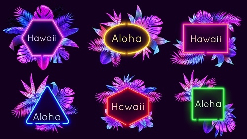 Neon aloha badges. Hawaii palm trees leaves with neon lights, summer banner frame with tropical plants vector illustration set. Neon tag badge, light lettering graphic, bright monstera electric