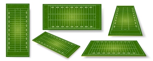 American football field. Realistic ball sport pitch sheme with zone markings. Stadium grass court perspective, side and top view vector set. Game field for american football realistic illustration