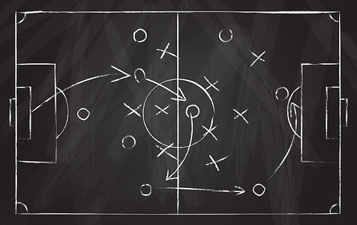 Football tactic scheme. Soccer game strategy with arrows on black chalk board. Coach attack plan for play on field top view vector concept. Illustration game line attack, soccer instruction