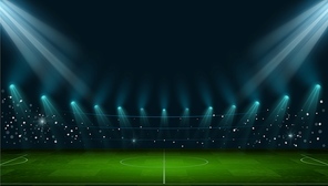 Soccer arena. Realistic european football stadium with grass field, lights and spotlights. 3d ball sport game playground vector night scene. Arena realistic stadium european illustration