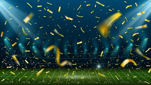 Football stadium with golden confetti. Landscape with american football field and arena lights. Sport game winner celebration vector concept. Illustration stadium with confetti, football sport field