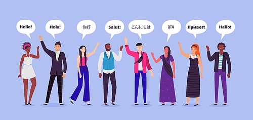 People say hi. Hello on different languages, greetings world persons and communicating people. Greetign speaking humans, american say hello or different language hi flat vector illustration