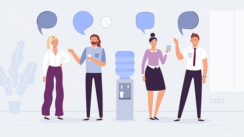 Water cooler talk. Office workers conversation, people drink water and talking with speech bubbles. Friend coworkers talks, workplace dispenser employees chat meeting vector illustration