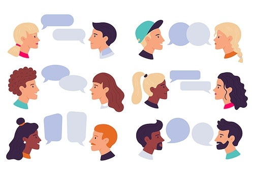 Speaking people. Couple conversation, dialogue bubbles and chat avatars profile portraits talk together. Social community, dictionary talking or speech chatting. Isolated vector illustration icons set