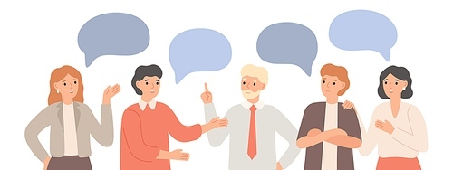 Thinking team. Teamwork communication, office workers communicate and discuss project. Group chat, group talk together. Brainstorming talking business meeting isolated vector illustration