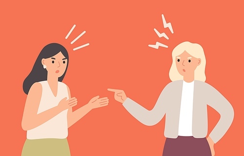 Female friends arguing, yelling at each other. Girls having conflict, communicating with aggression and anger. Women quarreling. Furious and nervous people having dispute vector illustration