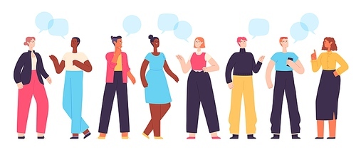 People communicate. Diverse character chatting and talking. Flat students with dialogue speech bubbles. Social conversation vector set. Illustration conversation and communication, chatting girl boy