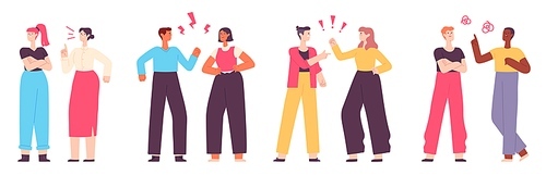 Angry people. Conflict or arguing between family, colleagues or couple. Aggressive man and woman quarrel. Parent scolds teenager vector set. Illustration conflict woman and man, people relationship