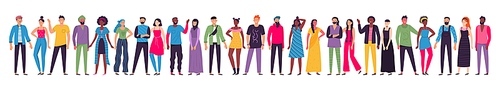 Multicultural people group. Adult citizens, workers team standing together and multiethnic society. Human resources diversity, different society characters togetherness unity vector illustration