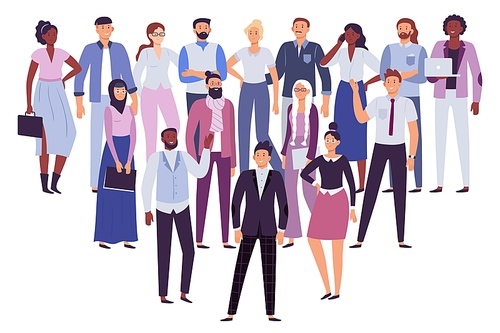 Professional people team. Business persons group, society leadership and office workers crowd. Multicultural businesswoman and businessman team meeting character vector illustration