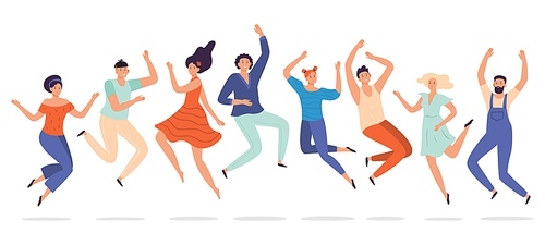 Young people jump. Jumping teenagers group, happy teen laughing students and smiling excited people. Freedom human team, student characters group success happiness jumped flat vector illustration