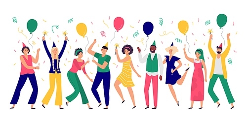People celebrating. Young men and women dance at celebration party, joyful balloons and confetti. Happiness adults business coworkers achievement victory celebration vector illustration
