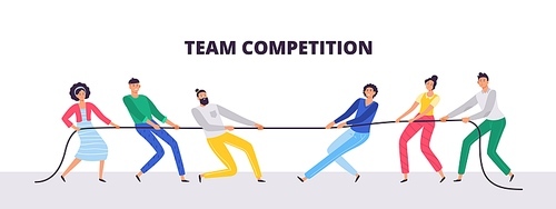 Tug of war. People teams pull the rope, office workers compete and rope pulling competition. Power tugging struggle, family conflict battle or active tug game flat vector illustration