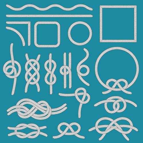 Marine rope knot. Ropes frames, cordage knots and decorative cord divider. Nautical tied sea boat knot marine ropes isolated vector icons set