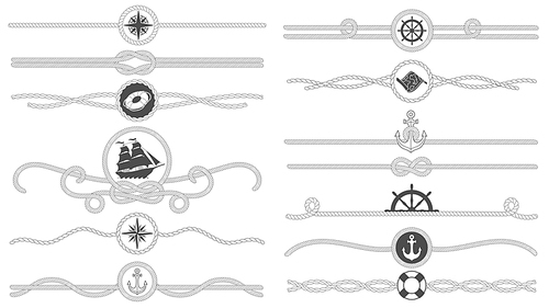 Nautical rope border. Nautical tied ropes line, sea ship anchor divider and retro marine decor borders. Sailor maritime ropes or old boat knot isolated vector symbols set