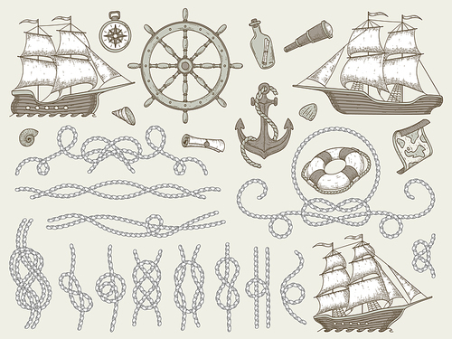 Decorative marine elements. Sea rope frames, sailing boat or nautic ship steering wheel and nautical ropes corners. Ocean marine ships and seashell. Seaside vector isolated icons set
