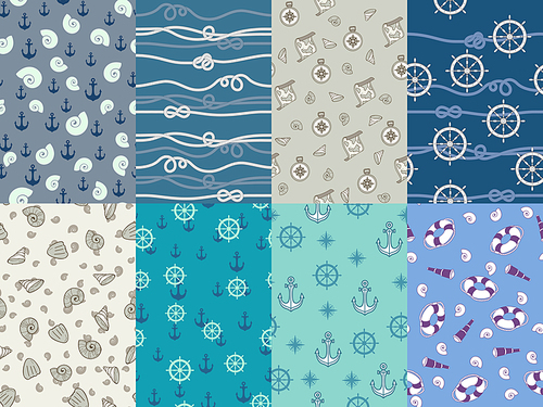 Marine patterns. Navy anchor, blue sea texture and ocean nautical compass seamless pattern. Nautical sailor kids wallpaper or textile. Sail water seashell and anchor vector background set