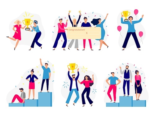 Winners people. Happy couple win gold cup, office workers team win cash check and successful winner standing on podium. Teamwork employee reward. Flat isolated vector illustration icons set