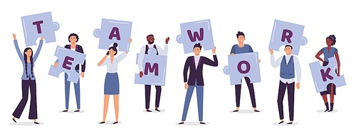 Teamwork. Business team holding puzzle pieces. Cooperation and partnership in company. Female and male employees achieving goal or success together in team. Collaboration vector illustration