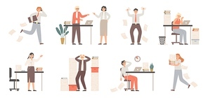 Stressed business people. Busy office workers, angry boss in panic and work chaos. Failure deadline stress, stressed job and tired confusing businessman worker. Isolated vector illustration icons set