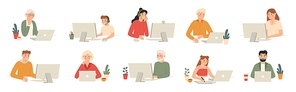 People work with computers. Students work with laptop and computer, office workers and seniors with laptops cartoon vector set. Man workplace at computer or laptop, office work illustration