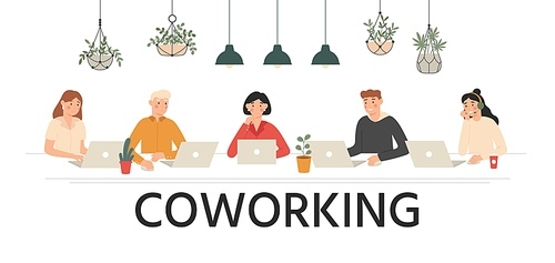 People work together in coworking. Team work, workspace for teams and rental workplace cartoon vector illustration. Business together coworking, character teamwork office