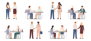 Business partners shaking hands. Collaboration people, meeting and agreement, deals. Colleague relationships. Corporate teamwork vector set of partnership and handshake, business deal illustration