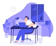 Woman work late at night. Tired female freelancer busy at computer overnight in home office with desk. Employee overtime work vector concept. Responsible girl overworking in dark room