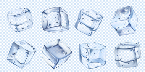 Realistic ice cube. Iced water cubes for cool cocktail. Freezed aqua, crystal pieces cocktail frost iced cube or freeze water. Vector isolated illustration symbols set