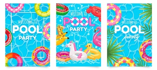 Pool party poster. Welcome to pool party flyer with swimming pool, floating rings and tropical leaves vector set. Pool summer party, poster or banner illustration