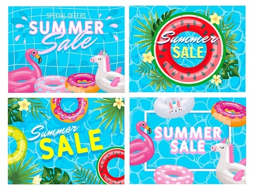 Summer sale banner. Summer pool deal flyer, fancy pink flamingo and watermelon floating ring special offer vector illustration set. Discount and sale poster, banner flyer special offers
