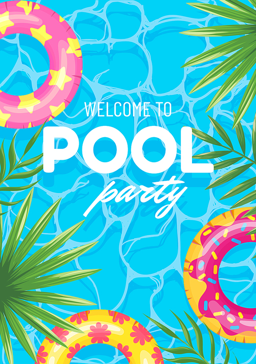 Banner swimming pool party welcome, top view. Vector party event, invitation to summer pool event, fun poster vacation illustration
