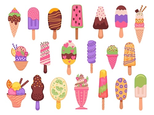 Ice cream. Cartoon summer dessert, popsicles, fruit frozen juice and yogurt, watermelon sorbet. Chocolate creams with sprinkles vector set. Illustration ice cream chocolate and cone waffle