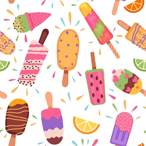 Ice creams seamless pattern. Summer holidays with popsicles, ice cream cones and frozen chocolate dessert. Cartoon sweet food vector texture. Illustration ice cream tasty, dessert seamless pattern