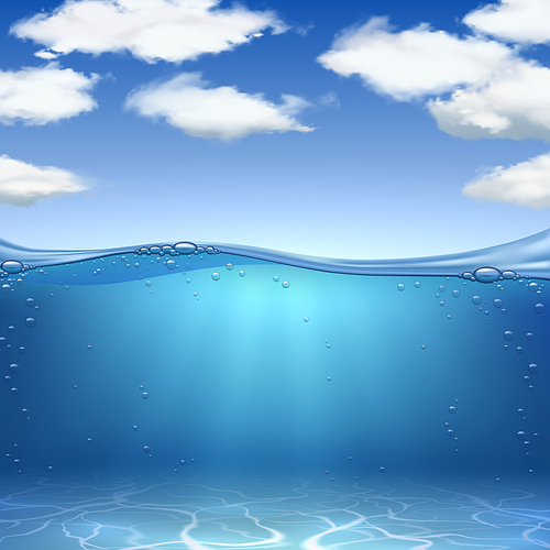 Sea waves and bottom. Realistic ocean underwater sand, water with air bubbles and blue sky with clouds. Marine landscape vector background. Water sea and ocean wave blue illustration