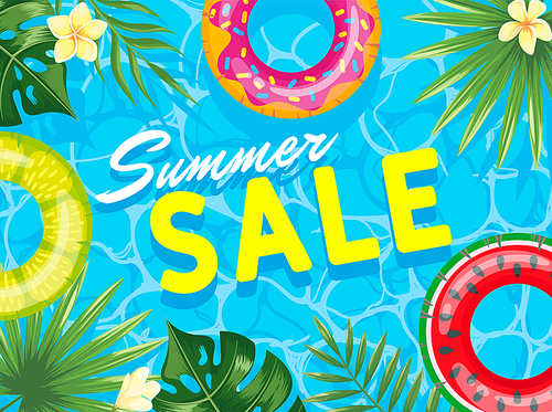 Summer sale top view swimming pool with rings. Vector colorful float rings top, discount summertime illustration