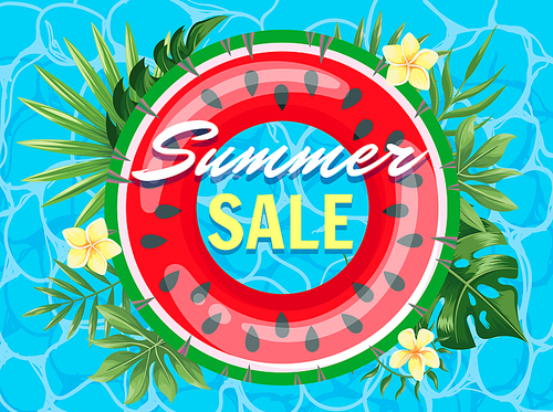 Poster summer sale with watermelon inflatable ring. Colorful summer sale, top view banner, float ring with flowers and leaf. Vector illustration