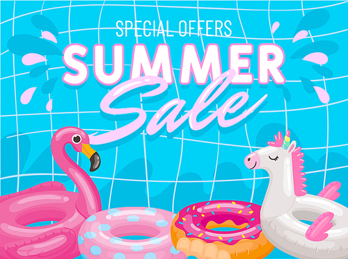Special offers summer sale banner poster, pink flamingo and unicorn. Sale and discount inflatable flamingo and rubber ring, exotic flyer advertising illustration