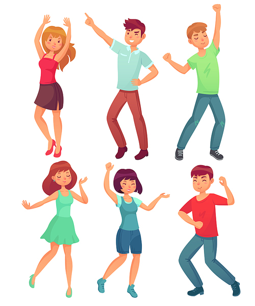 Cartoon dancing people. Happy dance of excited teenager, young free women fun active men character group at funny friendly holiday vacation party. Celebrating dances icon colorful isolated vector set