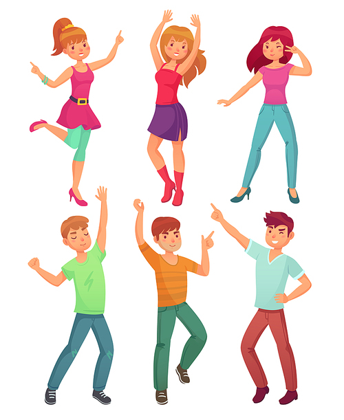 Cartoon people dance. Adult persons smiling and teens dancing at young fun friends disco company party. Funny partying person teen happy dancer poses colorful vector illustration isolated icon set