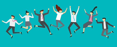 Happy jumping business people. Excited office team workers jumping at employees party, smiling professionals jump. Business characters team corporate celebration vector illustration